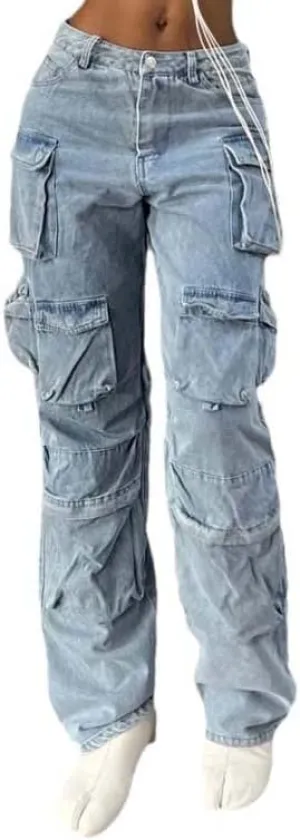 High Waist Cargo Jeans Aesthetic Pocket Vintage Women 90S Denim Loose Straight Harajuku Wide Leg Trousers