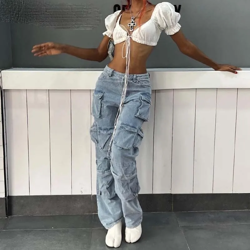 High Waist Cargo Jeans Aesthetic Pocket Vintage Women 90S Denim Loose Straight Harajuku Wide Leg Trousers