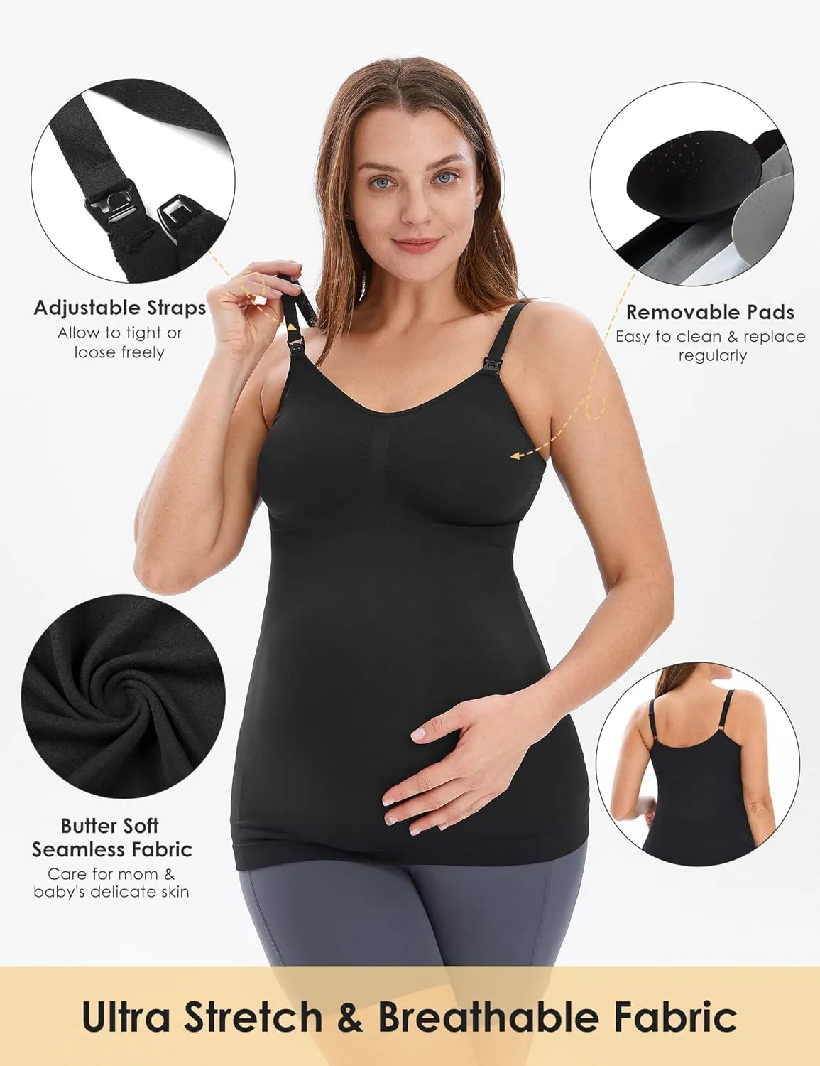HOFISH Support Nursing Tank Tops for Breastfeeding, Comfort Stretch Maternity Camisoles with Built in Bra