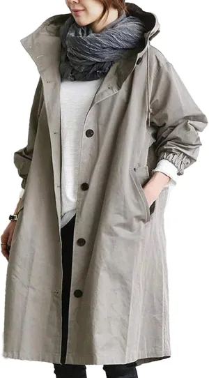 iQKA Women's Rain Jacket Autumn Winter Loose Hooded Trench Jackets Oversized Elegant Windbreaker Comfortable Coat Outwear