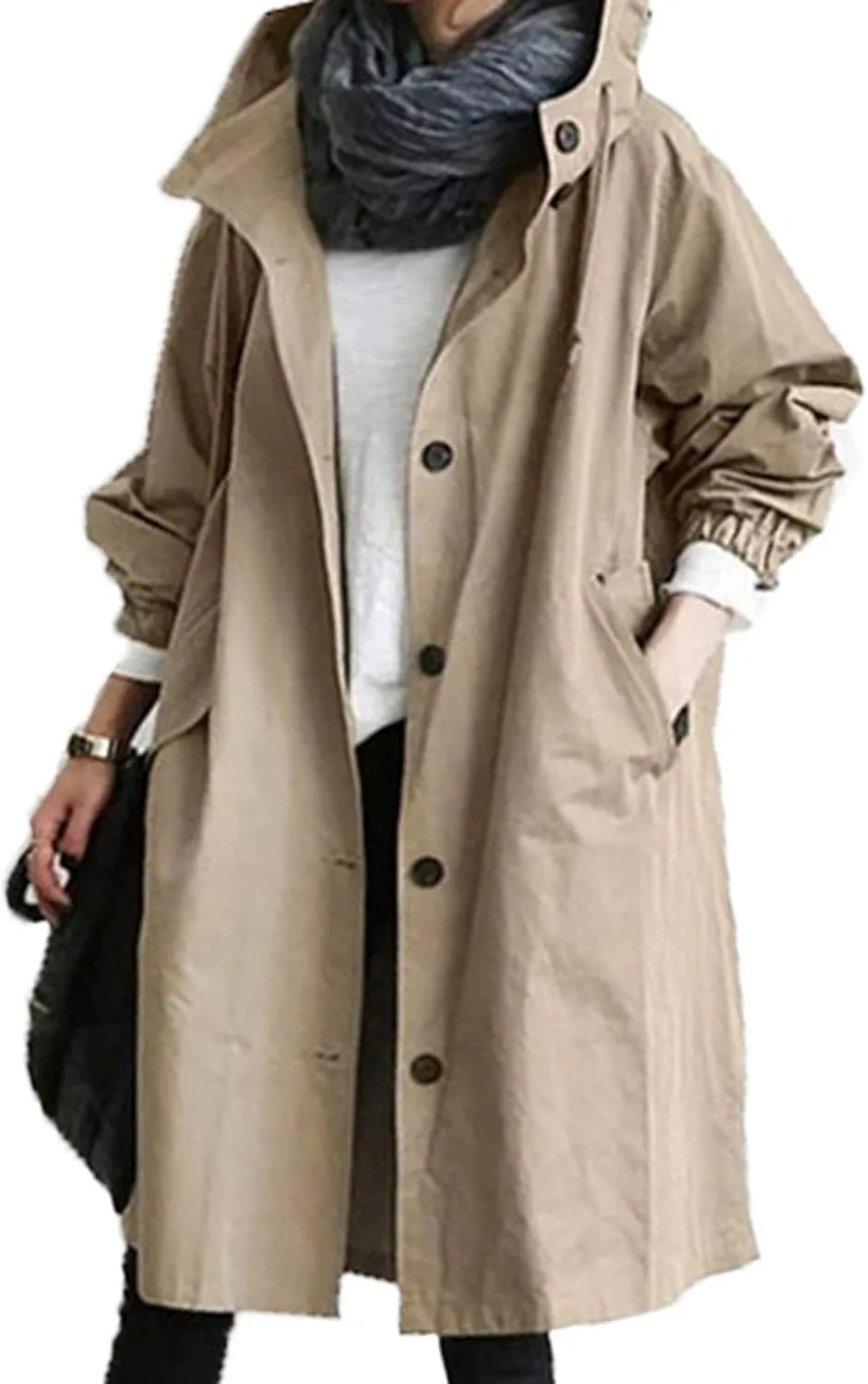 iQKA Women's Rain Jacket Autumn Winter Loose Hooded Trench Jackets Oversized Elegant Windbreaker Comfortable Coat Outwear