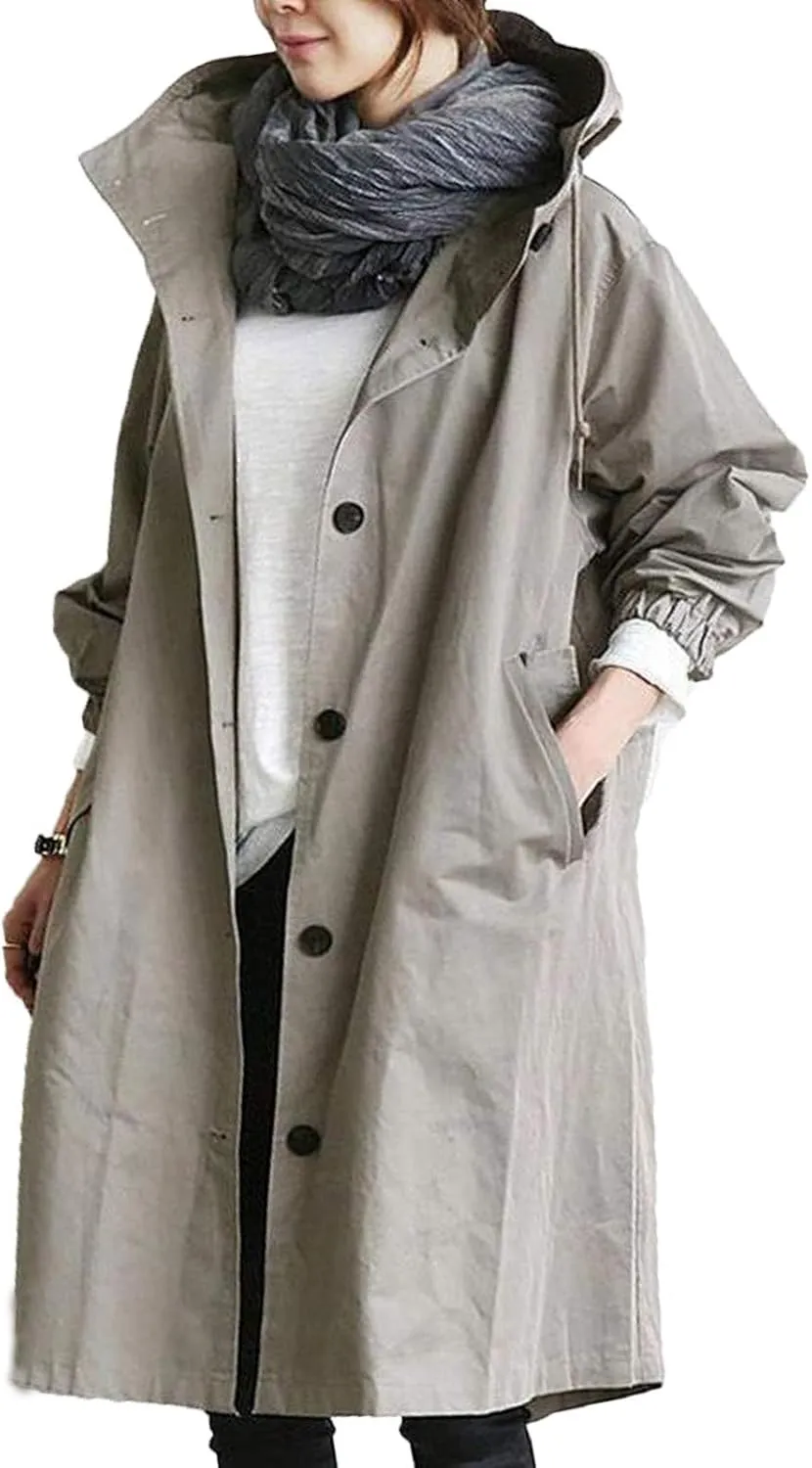 iQKA Women's Rain Jacket Autumn Winter Loose Hooded Trench Jackets Oversized Elegant Windbreaker Comfortable Coat Outwear
