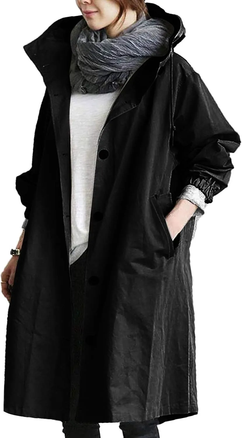 iQKA Women's Rain Jacket Autumn Winter Loose Hooded Trench Jackets Oversized Elegant Windbreaker Comfortable Coat Outwear