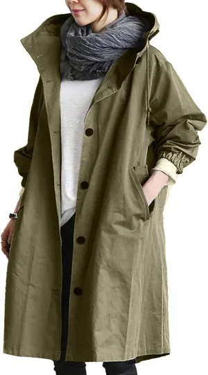 iQKA Women's Rain Jacket Autumn Winter Loose Hooded Trench Jackets Oversized Elegant Windbreaker Comfortable Coat Outwear