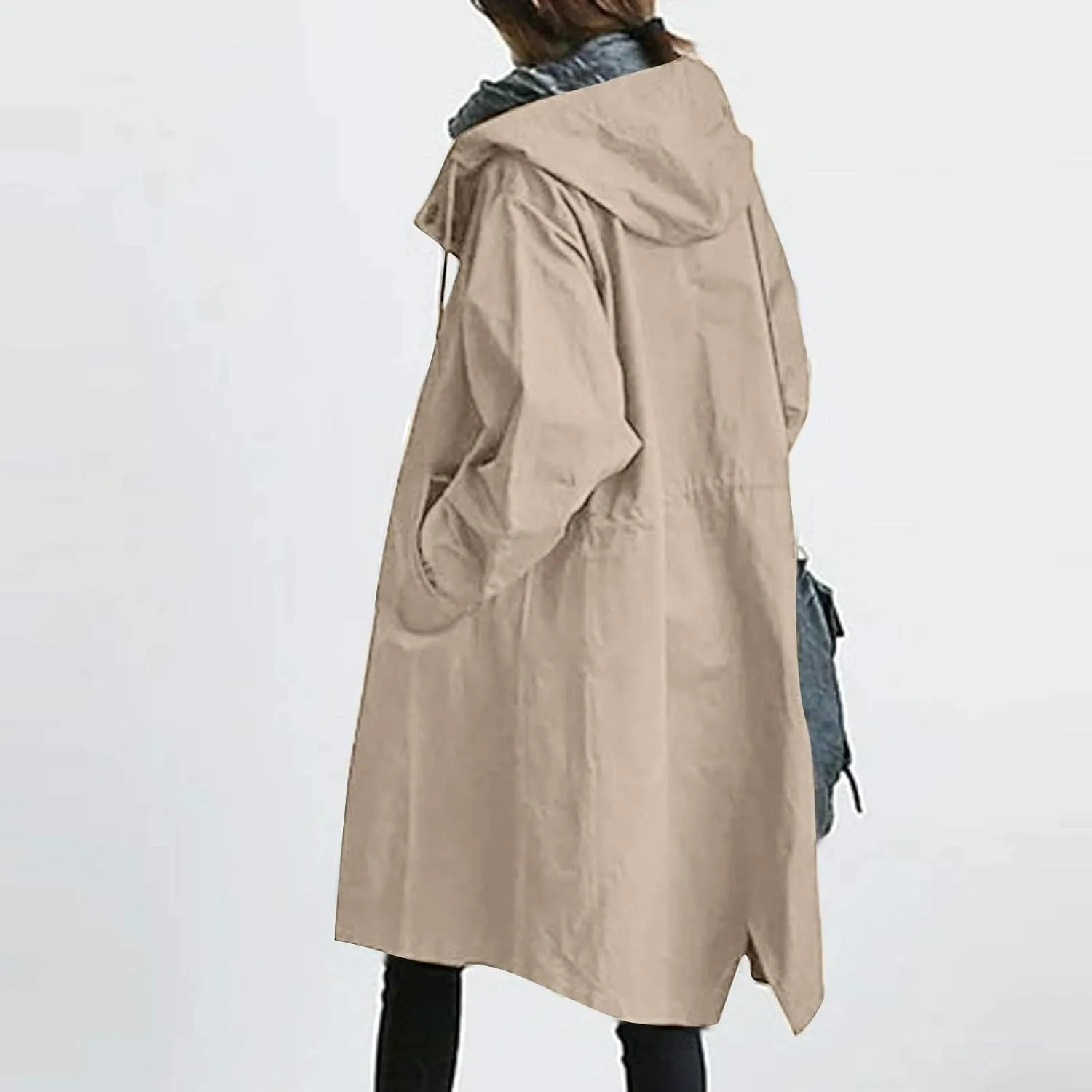 iQKA Women's Rain Jacket Autumn Winter Loose Hooded Trench Jackets Oversized Elegant Windbreaker Comfortable Coat Outwear