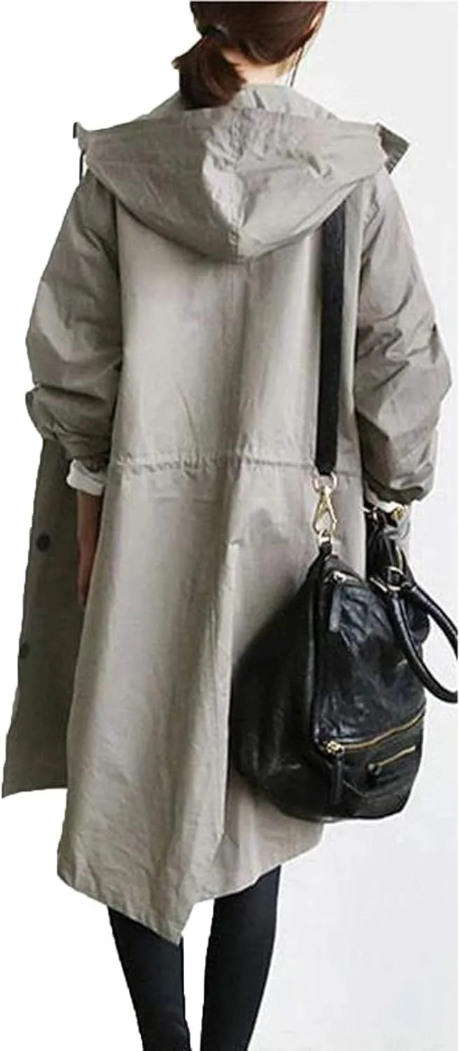 iQKA Women's Rain Jacket Autumn Winter Loose Hooded Trench Jackets Oversized Elegant Windbreaker Comfortable Coat Outwear