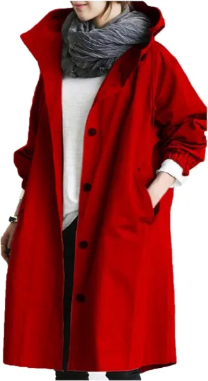 iQKA Women's Rain Jacket Autumn Winter Loose Hooded Trench Jackets Oversized Elegant Windbreaker Comfortable Coat Outwear