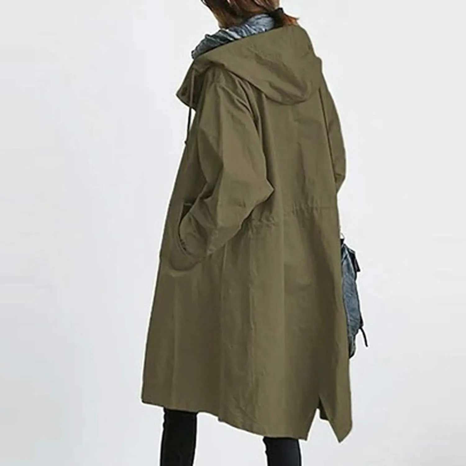 iQKA Women's Rain Jacket Autumn Winter Loose Hooded Trench Jackets Oversized Elegant Windbreaker Comfortable Coat Outwear