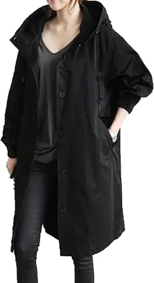 iQKA Women's Rain Jacket Autumn Winter Loose Hooded Trench Jackets Oversized Elegant Windbreaker Comfortable Coat Outwear