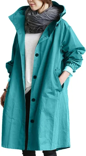 iQKA Women's Rain Jacket Autumn Winter Loose Hooded Trench Jackets Oversized Elegant Windbreaker Comfortable Coat Outwear