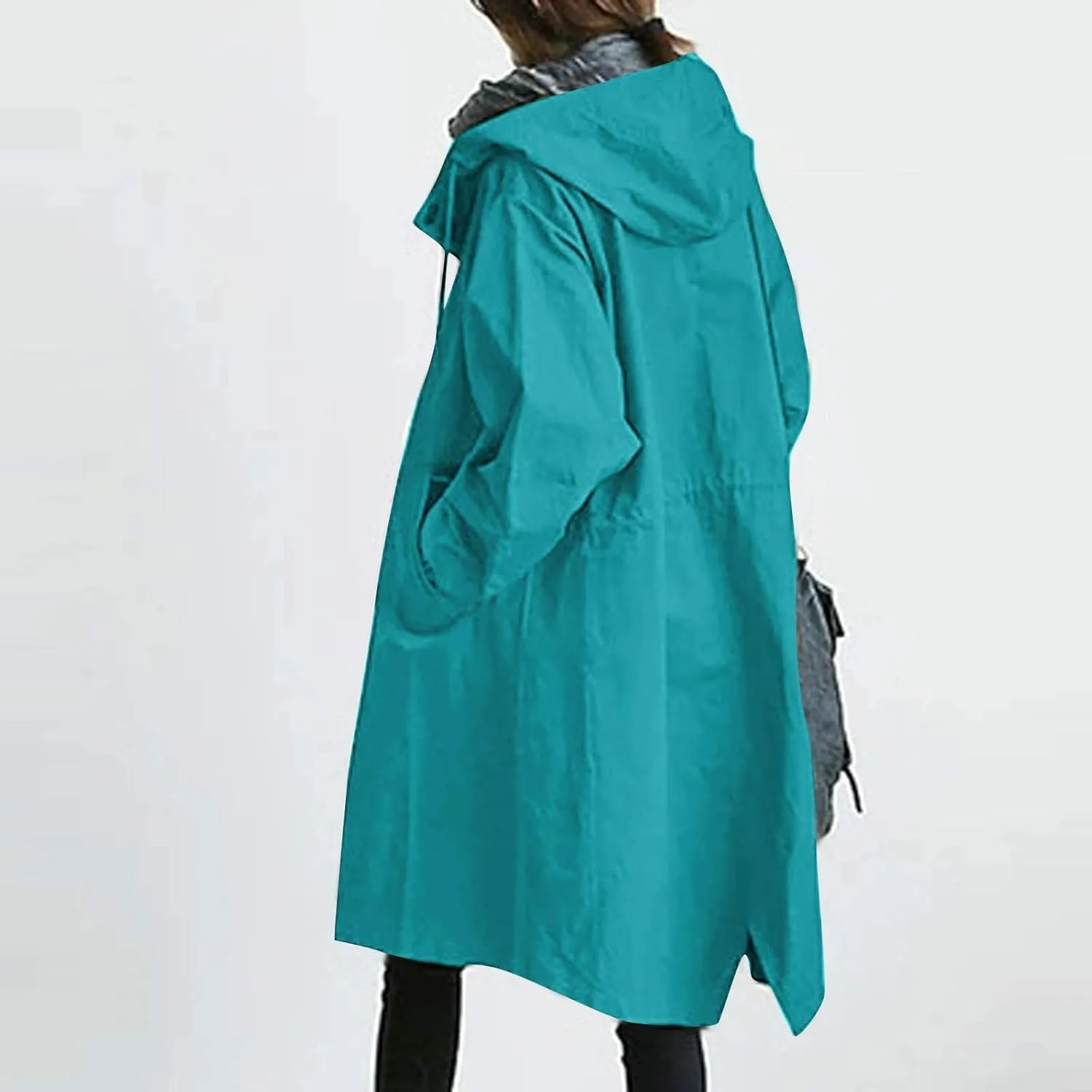iQKA Women's Rain Jacket Autumn Winter Loose Hooded Trench Jackets Oversized Elegant Windbreaker Comfortable Coat Outwear