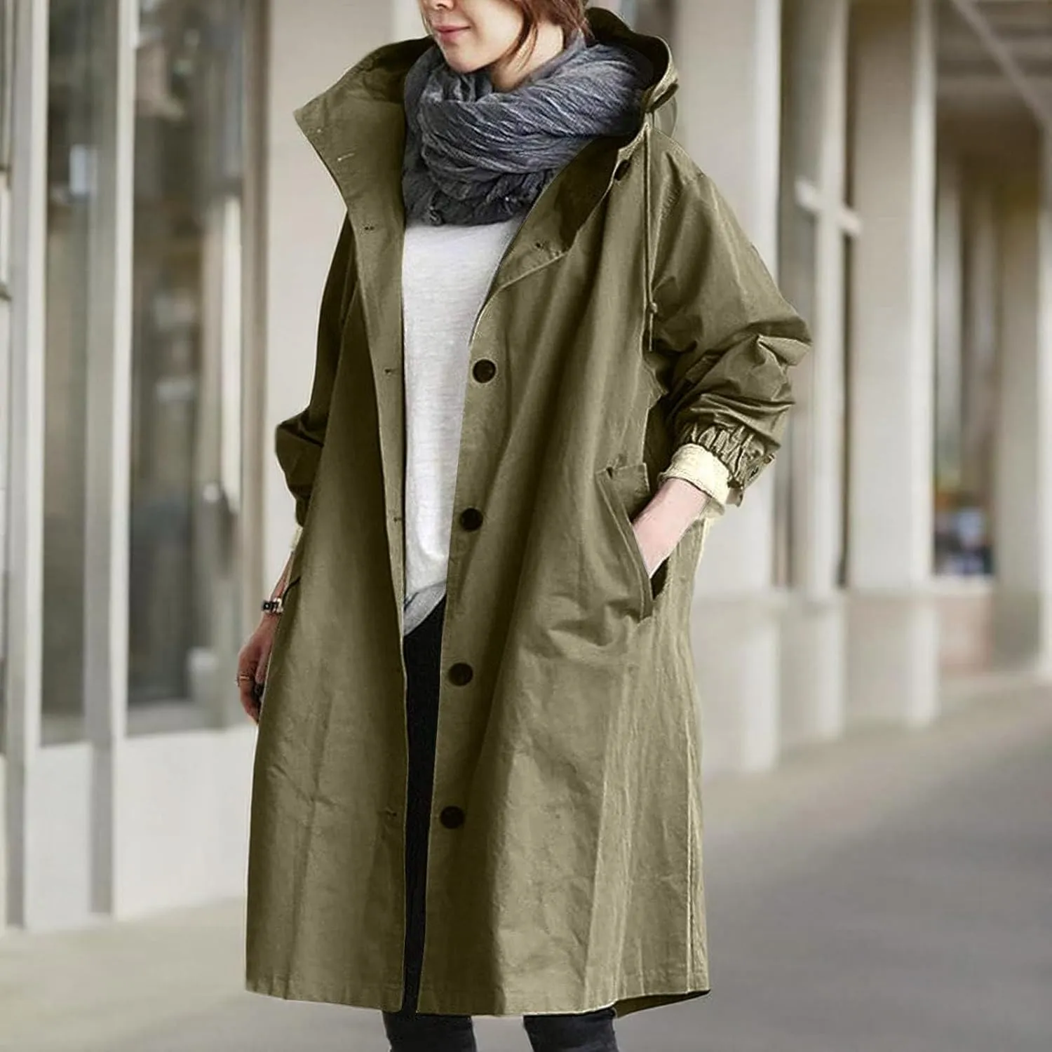 iQKA Women's Rain Jacket Autumn Winter Loose Hooded Trench Jackets Oversized Elegant Windbreaker Comfortable Coat Outwear