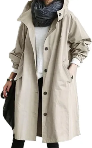 iQKA Women's Rain Jacket Autumn Winter Loose Hooded Trench Jackets Oversized Elegant Windbreaker Comfortable Coat Outwear