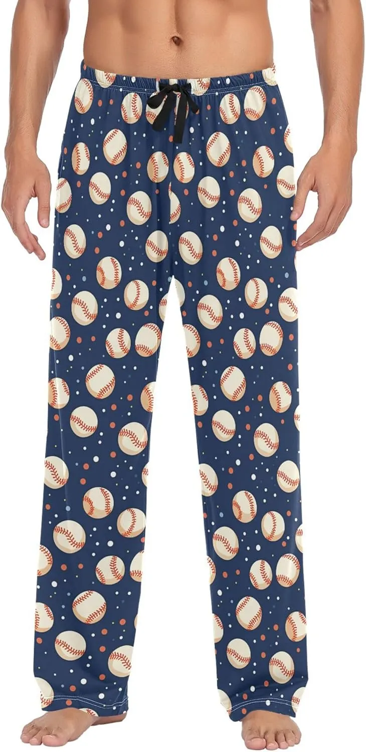 JUNZAN Cartoon Baseballs Dots Dark Blue Mens Pajama Bottoms with Pockets Comfy Men Pyjama Bottoms for Autumn Sleeping S