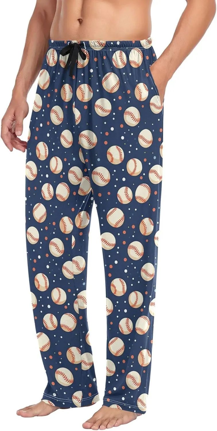 JUNZAN Cartoon Baseballs Dots Dark Blue Mens Pajama Bottoms with Pockets Comfy Men Pyjama Bottoms for Autumn Sleeping S