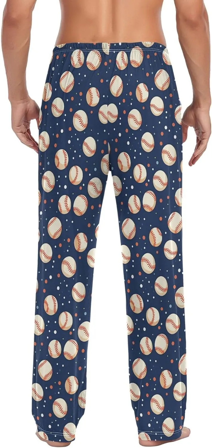 JUNZAN Cartoon Baseballs Dots Dark Blue Mens Pajama Bottoms with Pockets Comfy Men Pyjama Bottoms for Autumn Sleeping S