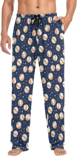 JUNZAN Cartoon Baseballs Dots Dark Blue Mens Pajama Bottoms with Pockets Comfy Men Pyjama Bottoms for Autumn Sleeping S