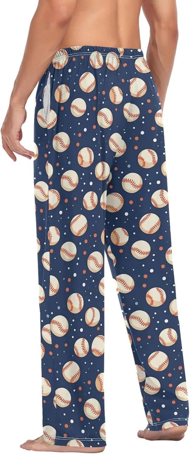 JUNZAN Cartoon Baseballs Dots Dark Blue Mens Pajama Bottoms with Pockets Comfy Men Pyjama Bottoms for Autumn Sleeping S