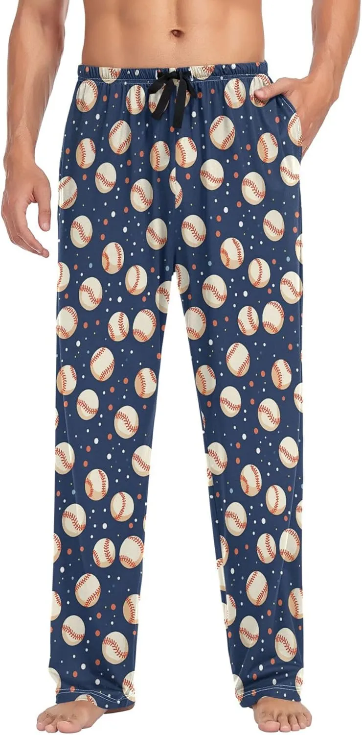 JUNZAN Cartoon Baseballs Dots Dark Blue Mens Pajama Bottoms with Pockets Comfy Men Pyjama Bottoms for Autumn Sleeping S
