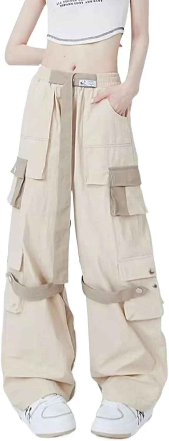 JYHBHMZG Harajuku Cargo Pants Women Patchwork Pockets Straight Trousers Retro High Waist Loose BF Streetwear Wide Leg Pant