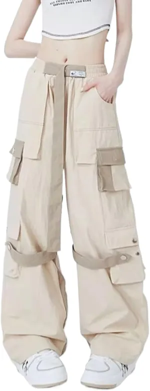 JYHBHMZG Harajuku Cargo Pants Women Patchwork Pockets Straight Trousers Retro High Waist Loose BF Streetwear Wide Leg Pant