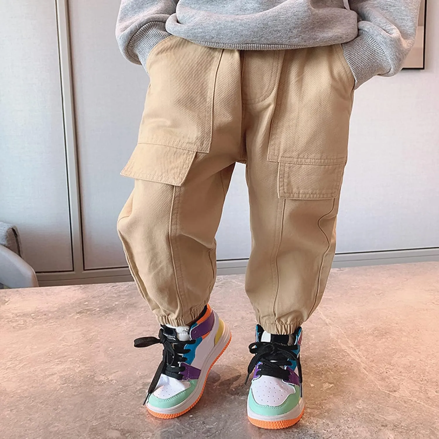 Kids Boys Girls Cargo Pants Toddler Elastic Waist Solid Jogger Pants Casual Baggy Street Hip Hop Trousers Multi Pockets