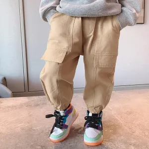 Kids Boys Girls Cargo Pants Toddler Elastic Waist Solid Jogger Pants Casual Baggy Street Hip Hop Trousers Multi Pockets