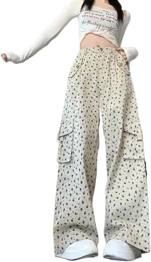Korean Retro Floral Cargo Pants Women Loose Wide Leg Straight High Waist Versatile Casual Trousers Female