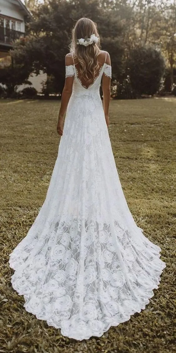 Lace Wedding Dresses for Bride Mermaid Spaghetti Strap Boho Beach Bridal Gown