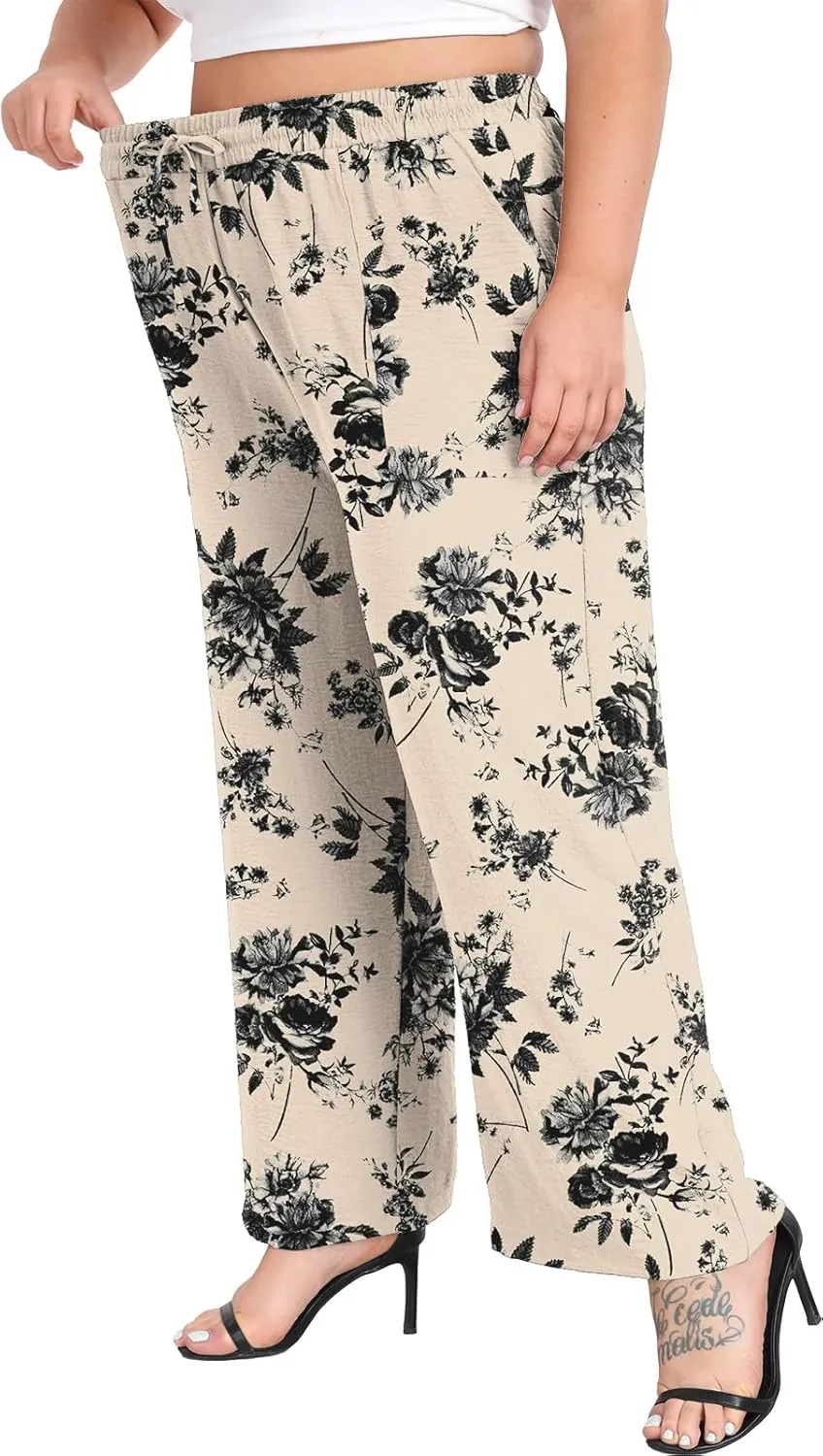 Lastshe Women's Plus Size Wide Leg Pants Summer Stretchy Drawstring Waist Comfortable Fit Casual Trousers Pants with Pockets