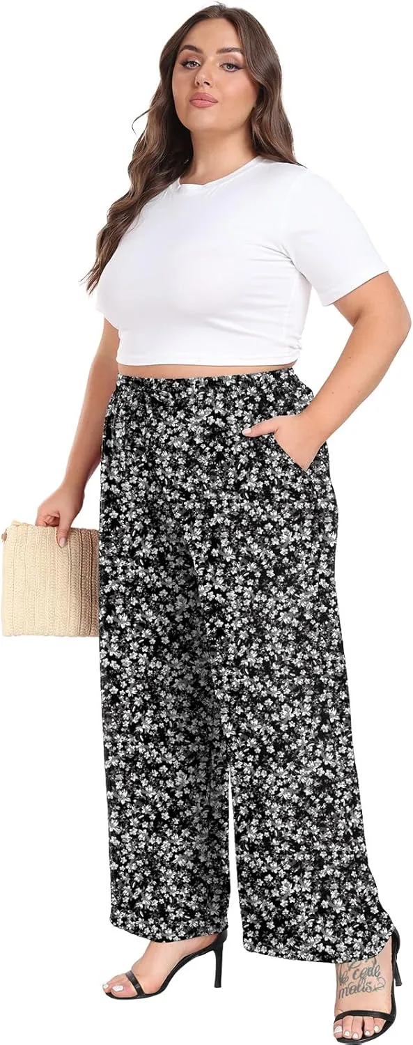 Lastshe Women's Plus Size Wide Leg Pants Summer Stretchy Drawstring Waist Comfortable Fit Casual Trousers Pants with Pockets