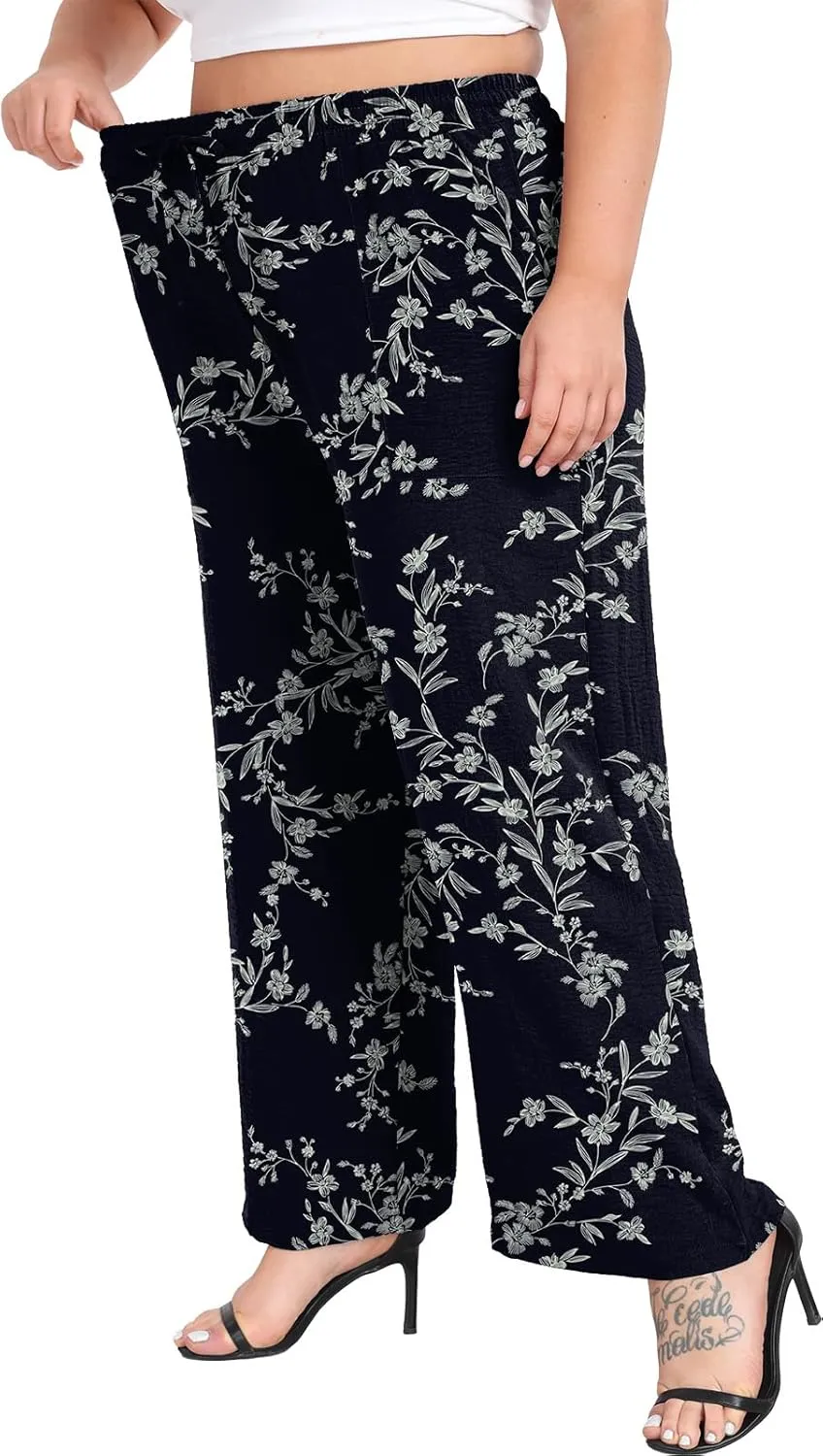 Lastshe Women's Plus Size Wide Leg Pants Summer Stretchy Drawstring Waist Comfortable Fit Casual Trousers Pants with Pockets