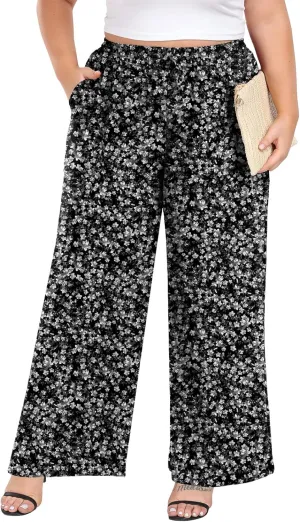 Lastshe Women's Plus Size Wide Leg Pants Summer Stretchy Drawstring Waist Comfortable Fit Casual Trousers Pants with Pockets