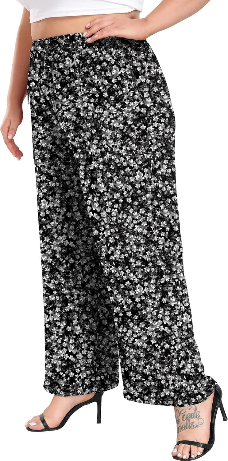 Lastshe Women's Plus Size Wide Leg Pants Summer Stretchy Drawstring Waist Comfortable Fit Casual Trousers Pants with Pockets