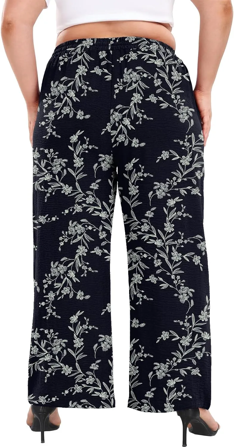 Lastshe Women's Plus Size Wide Leg Pants Summer Stretchy Drawstring Waist Comfortable Fit Casual Trousers Pants with Pockets