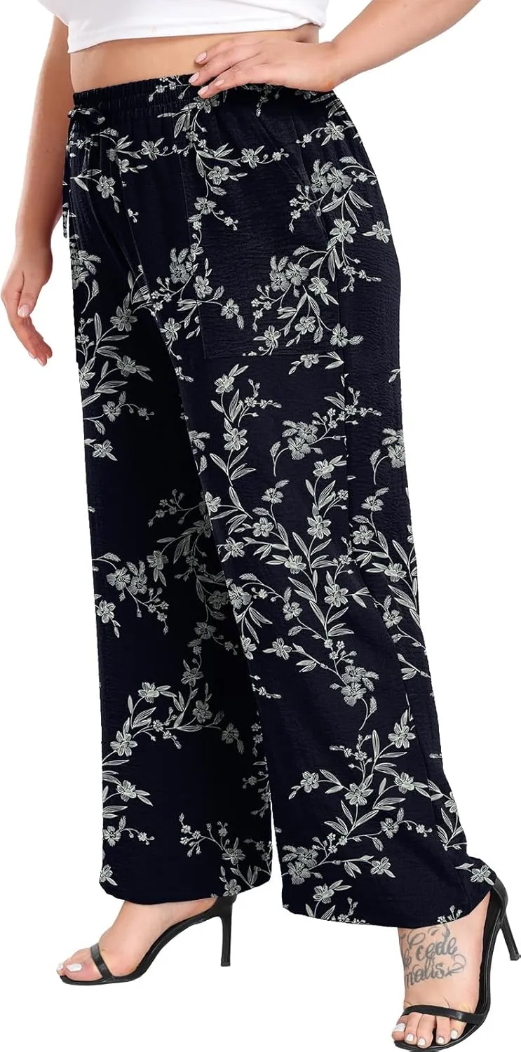 Lastshe Women's Plus Size Wide Leg Pants Summer Stretchy Drawstring Waist Comfortable Fit Casual Trousers Pants with Pockets