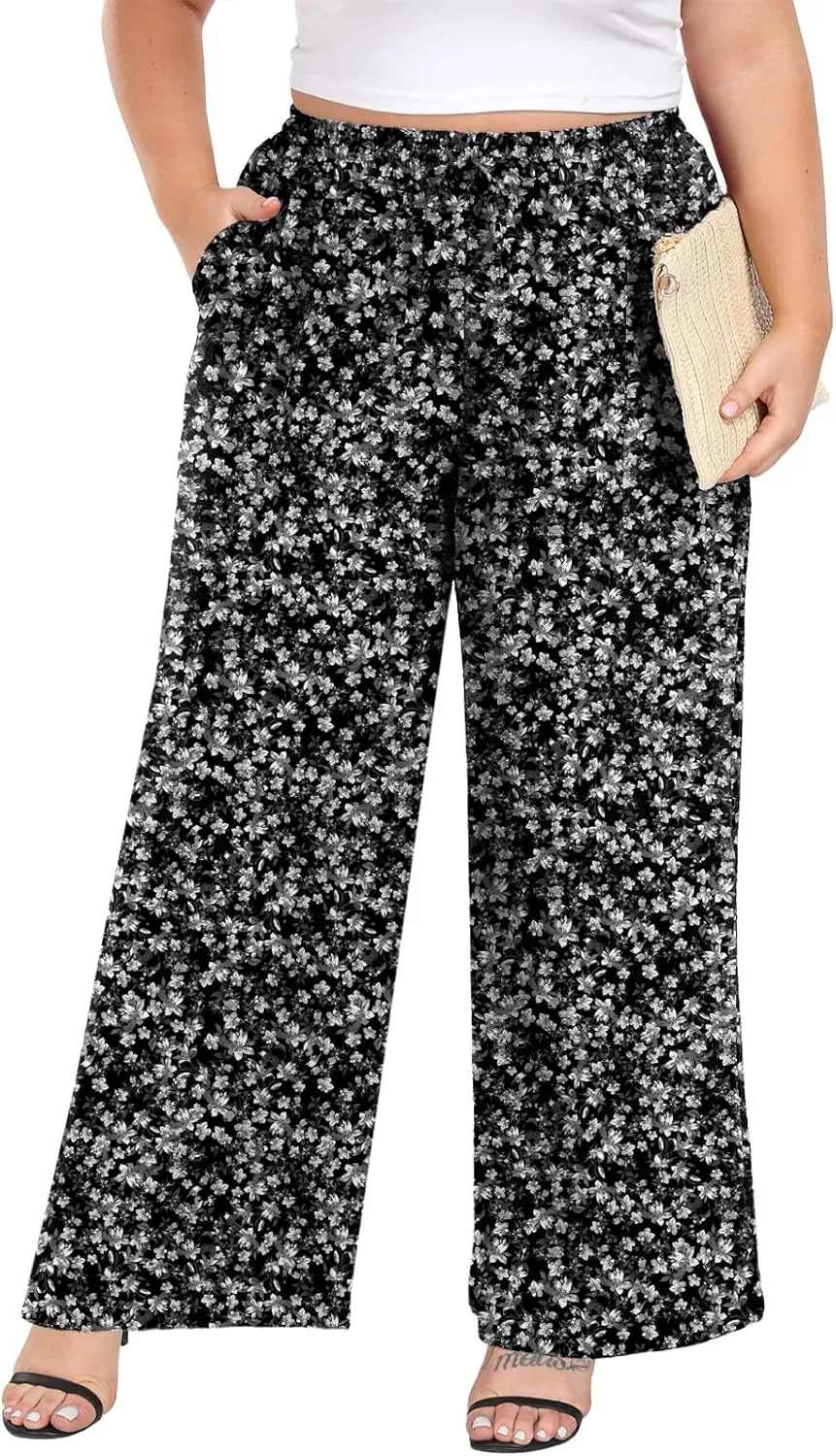 Lastshe Women's Plus Size Wide Leg Pants Summer Stretchy Drawstring Waist Comfortable Fit Casual Trousers Pants with Pockets