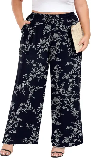 Lastshe Women's Plus Size Wide Leg Pants Summer Stretchy Drawstring Waist Comfortable Fit Casual Trousers Pants with Pockets