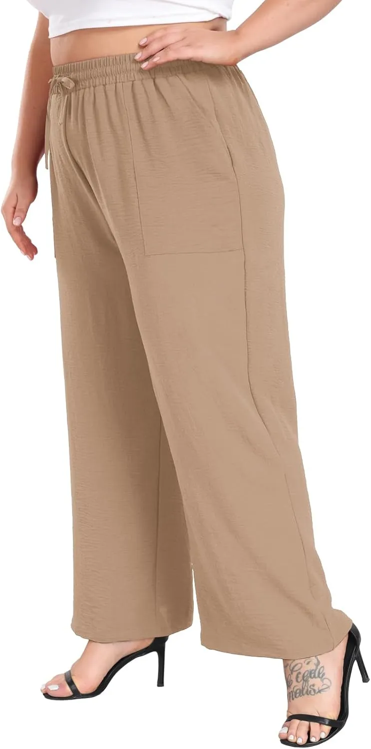 Lastshe Women's Plus Size Wide Leg Pants Summer Stretchy Drawstring Waist Comfortable Fit Casual Trousers Pants with Pockets