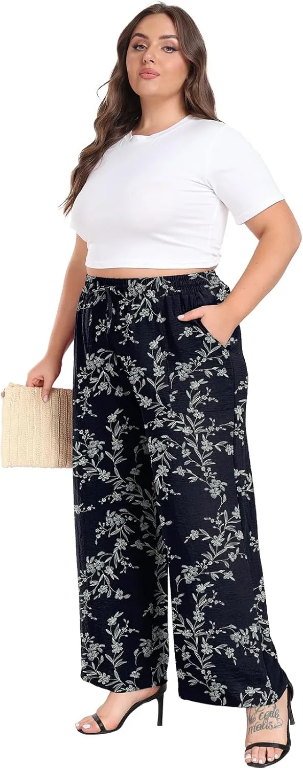 Lastshe Women's Plus Size Wide Leg Pants Summer Stretchy Drawstring Waist Comfortable Fit Casual Trousers Pants with Pockets