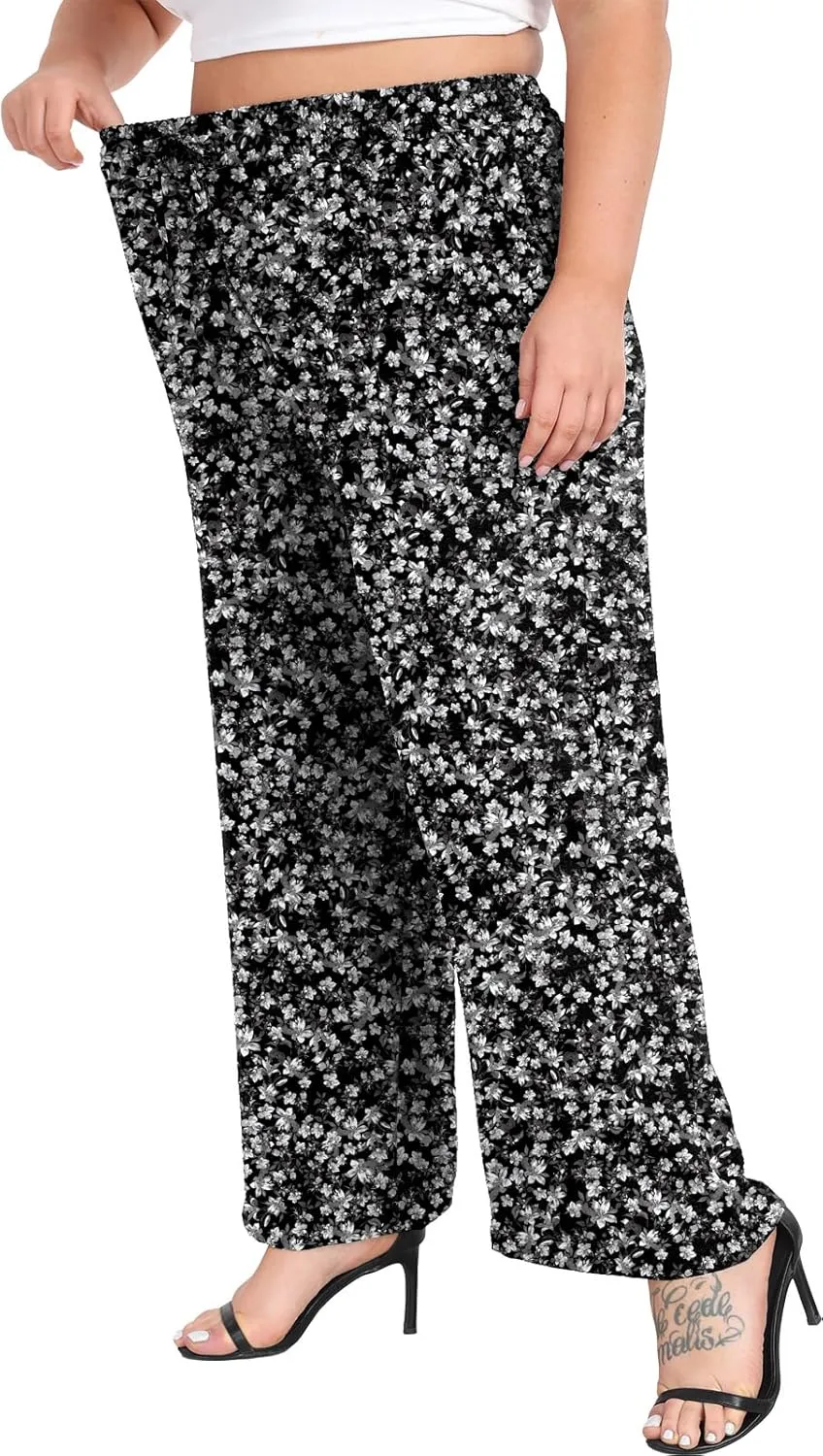 Lastshe Women's Plus Size Wide Leg Pants Summer Stretchy Drawstring Waist Comfortable Fit Casual Trousers Pants with Pockets