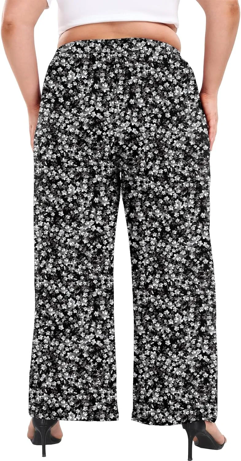 Lastshe Women's Plus Size Wide Leg Pants Summer Stretchy Drawstring Waist Comfortable Fit Casual Trousers Pants with Pockets