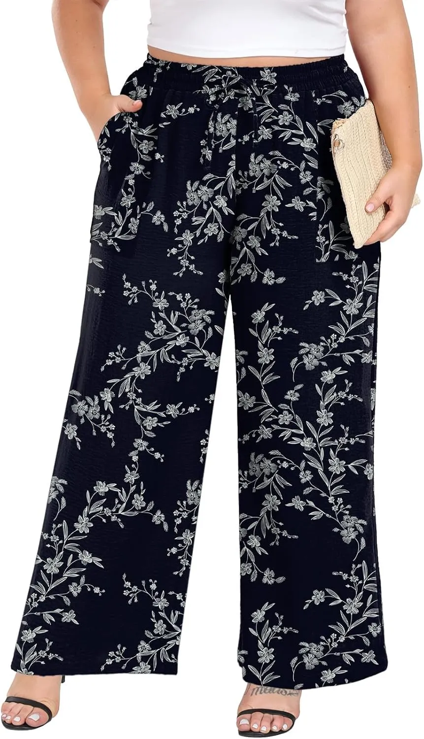 Lastshe Women's Plus Size Wide Leg Pants Summer Stretchy Drawstring Waist Comfortable Fit Casual Trousers Pants with Pockets