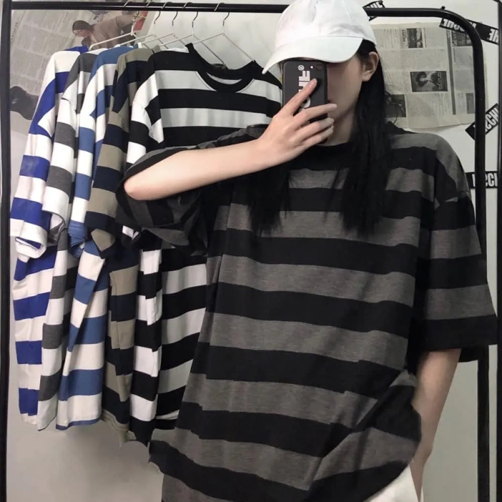 LAVASEON Harajuku Oversized Striped T-Shirt Long Sleeve Crew Neck Casual Matching Couple Streetwear Pullover