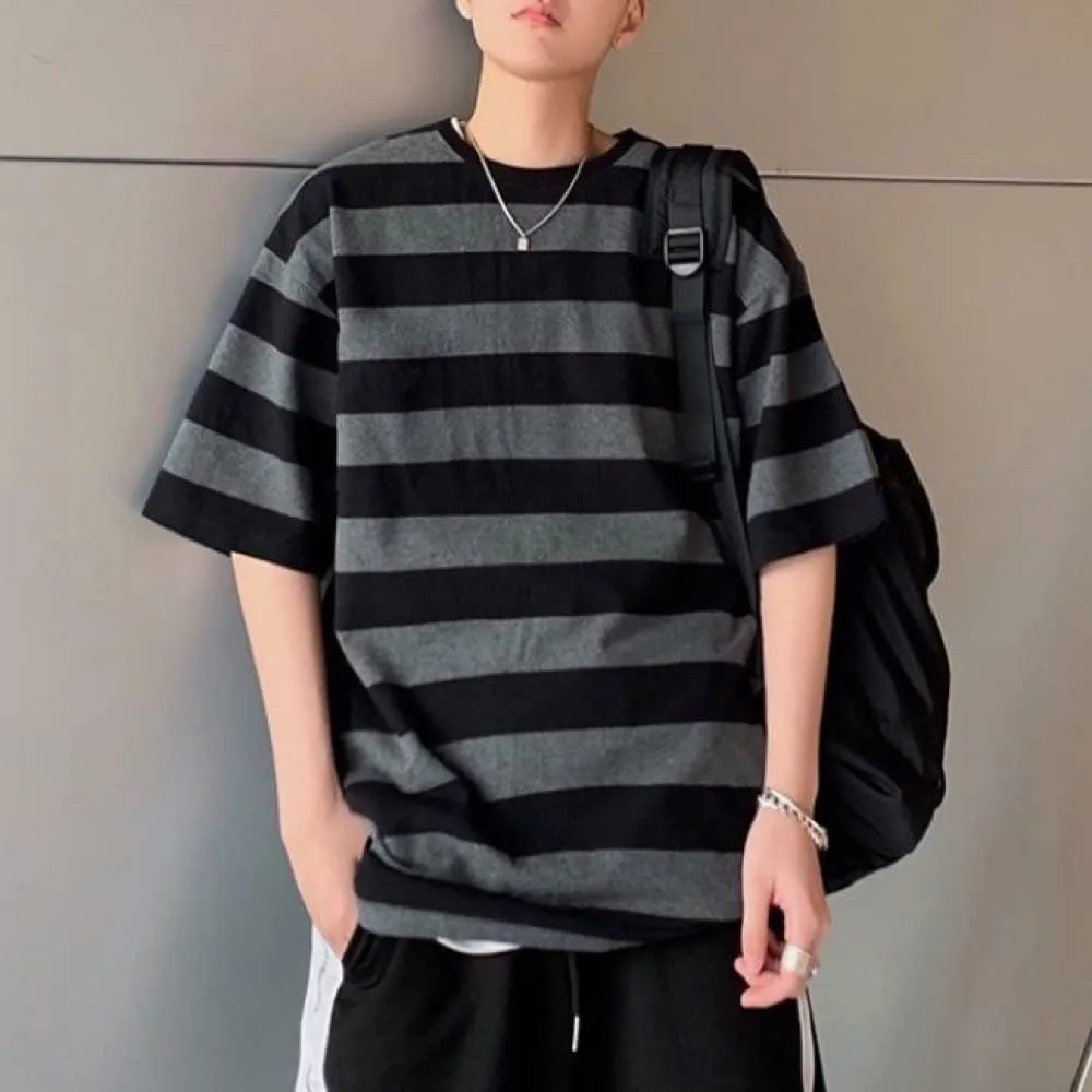 LAVASEON Harajuku Oversized Striped T-Shirt Long Sleeve Crew Neck Casual Matching Couple Streetwear Pullover