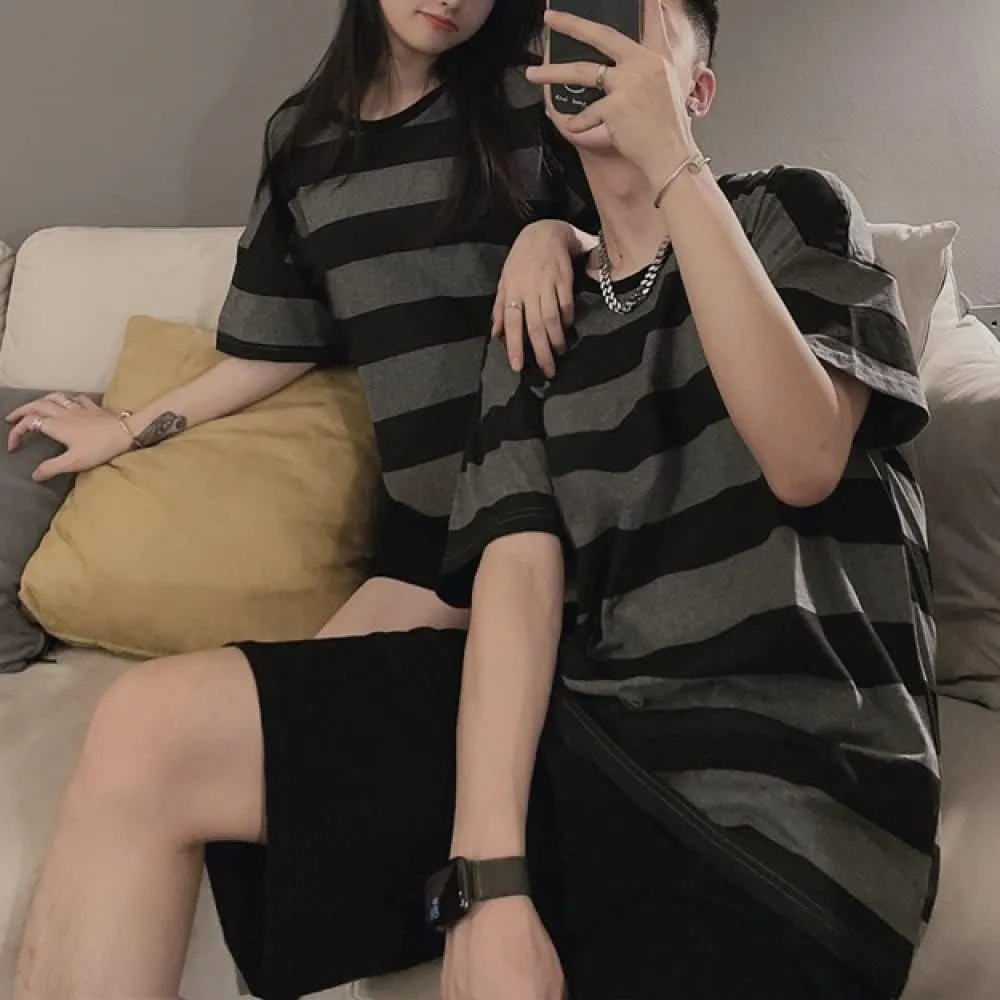 LAVASEON Harajuku Oversized Striped T-Shirt Long Sleeve Crew Neck Casual Matching Couple Streetwear Pullover