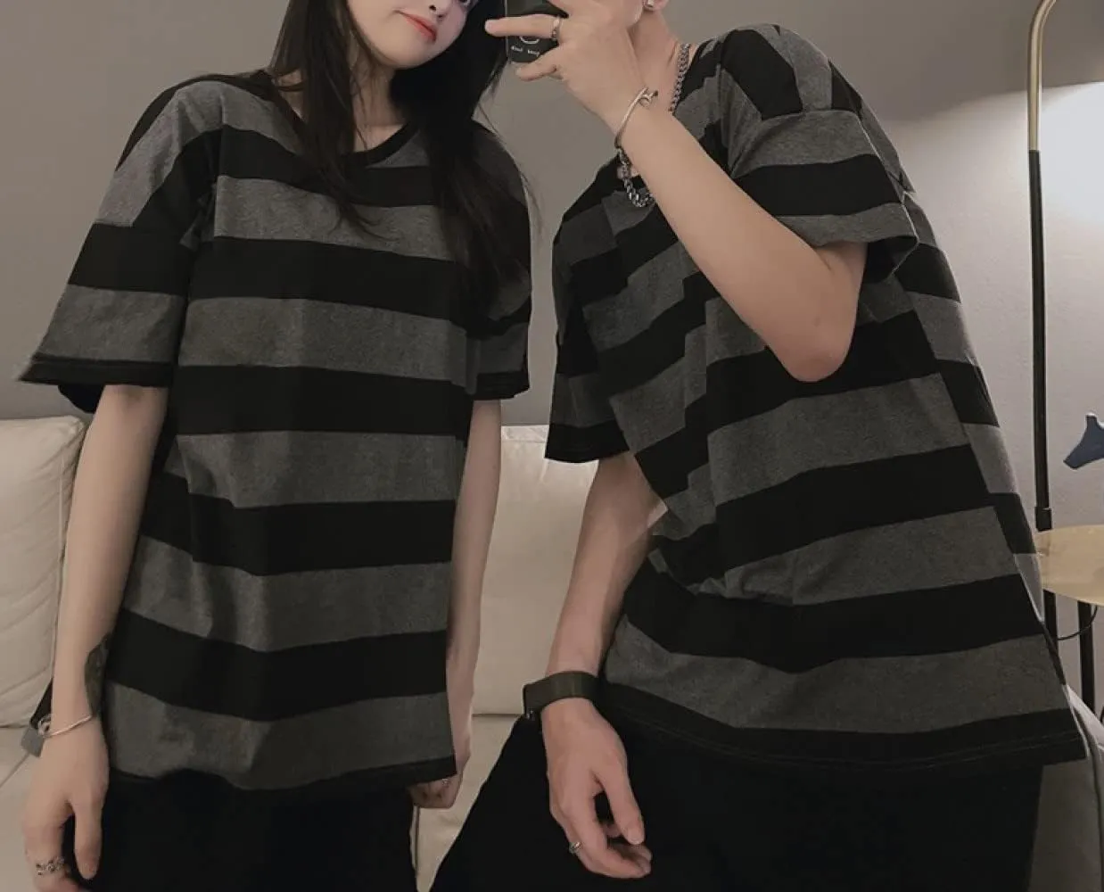 LAVASEON Harajuku Oversized Striped T-Shirt Long Sleeve Crew Neck Casual Matching Couple Streetwear Pullover