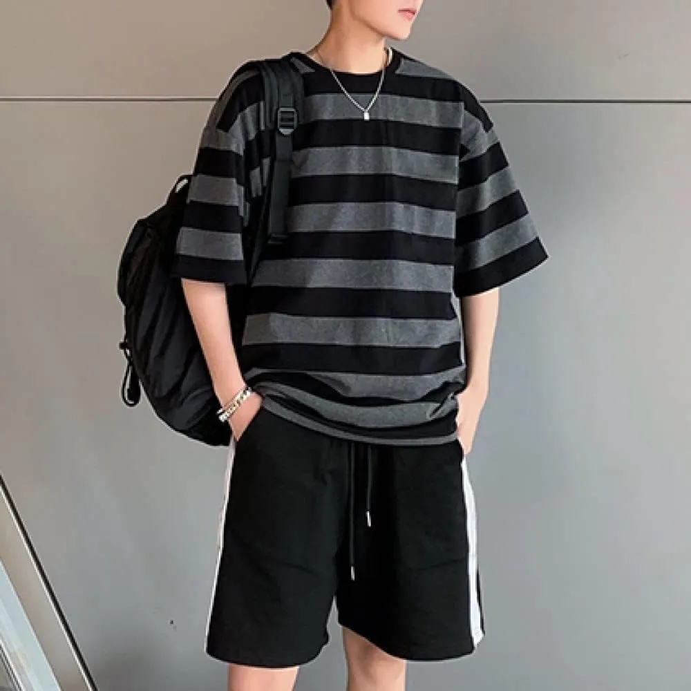 LAVASEON Harajuku Oversized Striped T-Shirt Long Sleeve Crew Neck Casual Matching Couple Streetwear Pullover
