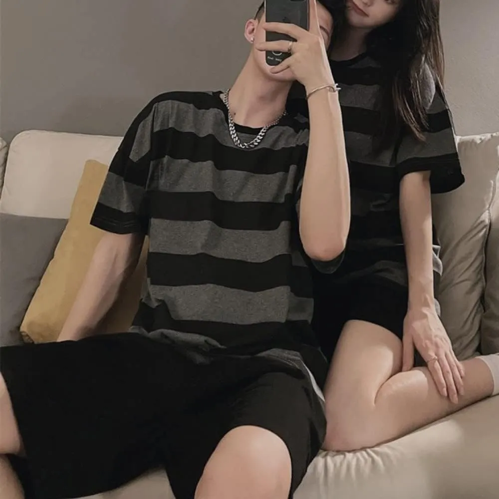 LAVASEON Harajuku Oversized Striped T-Shirt Long Sleeve Crew Neck Casual Matching Couple Streetwear Pullover