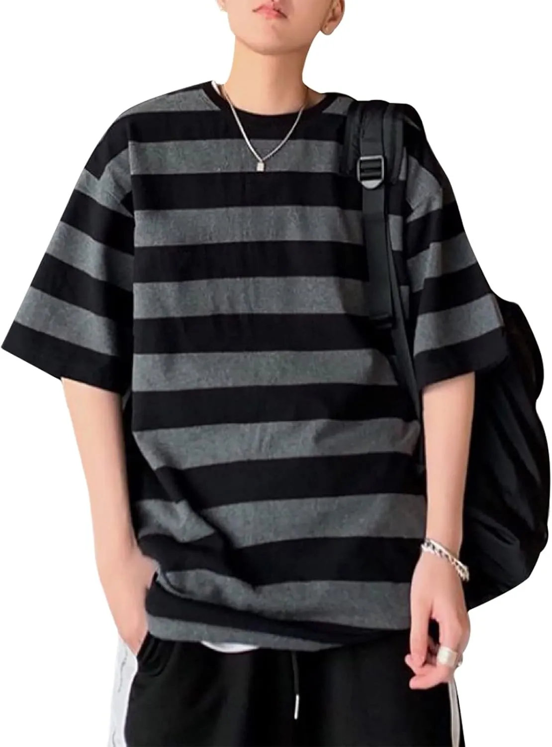 LAVASEON Harajuku Oversized Striped T-Shirt Long Sleeve Crew Neck Casual Matching Couple Streetwear Pullover